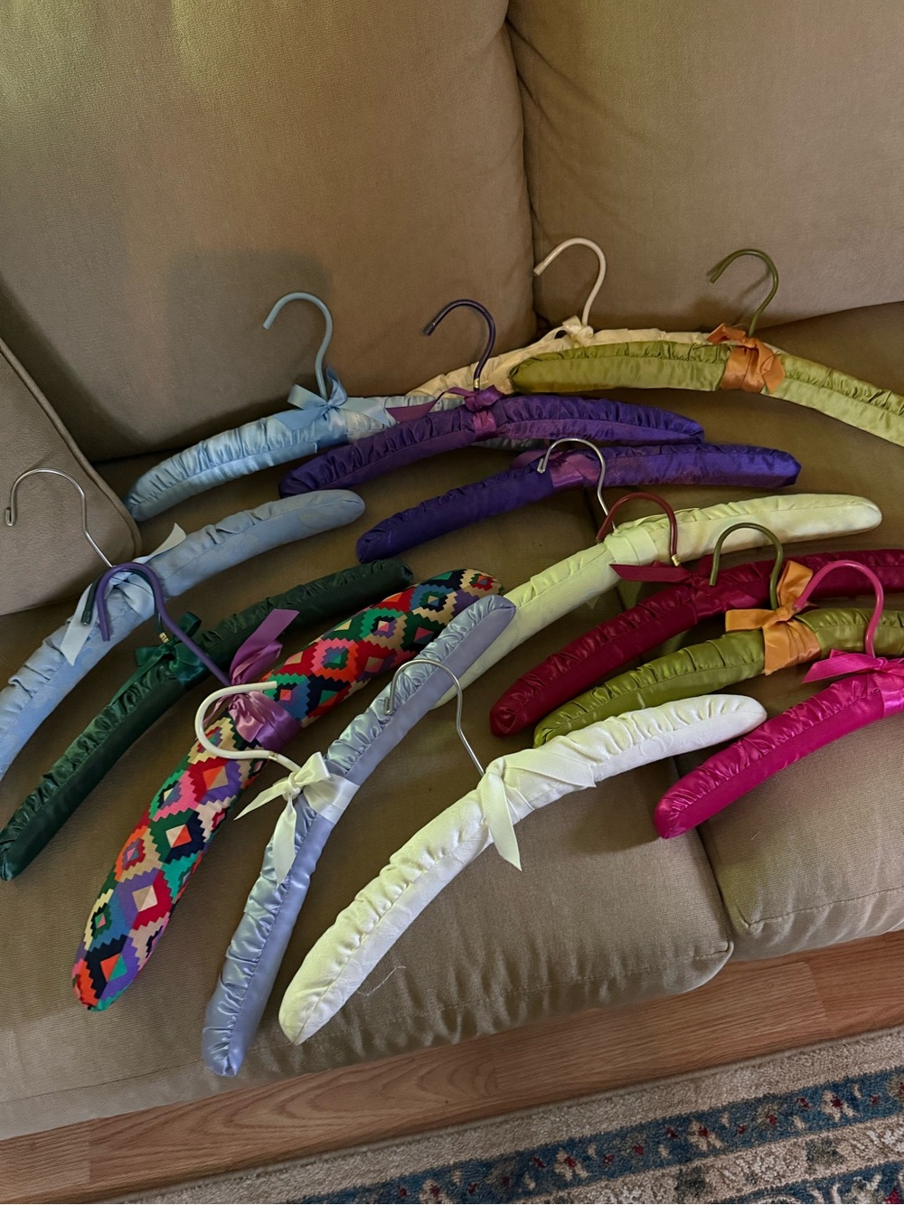 14 Vintage satin Cloth padded hangers various pastel colors patterned designs